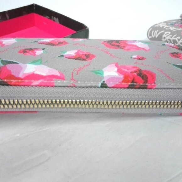 Betsey Johnson Luv Betsey gray & pink roses floral full zip leather long wallet - Picture 3 of 3